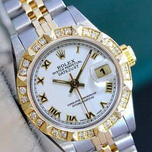 ROLEX LADIES DATEJUST TWO-TONE FACTORY WHITE DIAL DIAMOND BEZEL 26MM REF# 69173